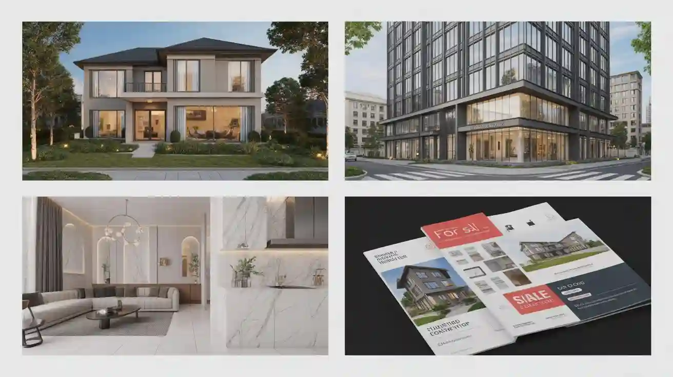 Different architectural applications like homes, offices, and interiors created with AI